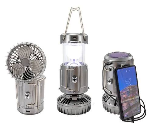 6-in-1 Portable Camping Lantern – Solar Rechargeable LED Light with Fan