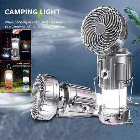 6-in-1 Portable Camping Lantern – Solar Rechargeable LED Light with Fan